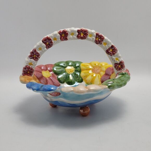 WCL Porcelain Frog Floral Mushrooms Ceramic Watering Can With Planter And Basket - Picture 10 of 16